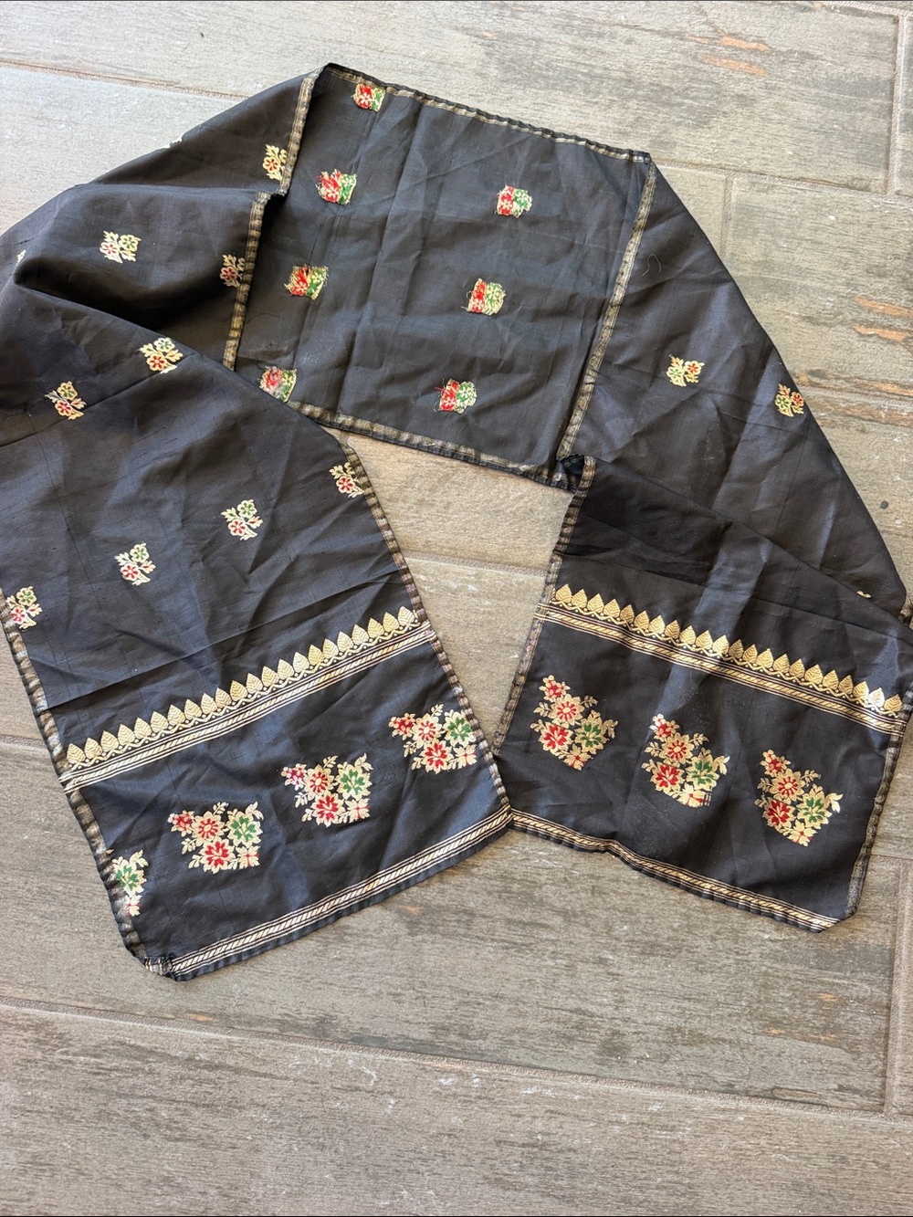Black Floral Embroidered Silk Scarf with Gold Trim